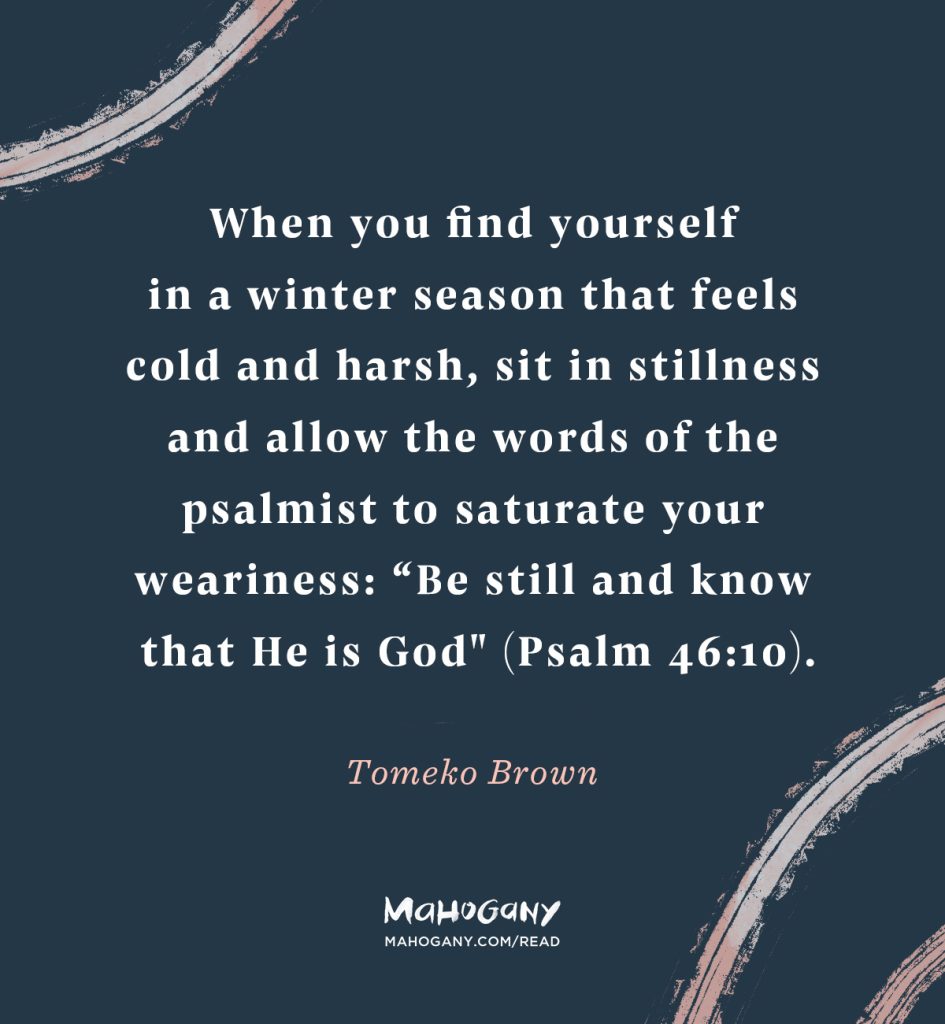 When you find yourself in a winter season that feels cold and harsh, sit in stillness and allow the words of the psalmist to saturate your weariness: “Be still and know that He is God" (Psalm 46:10). -Tomeko Brown